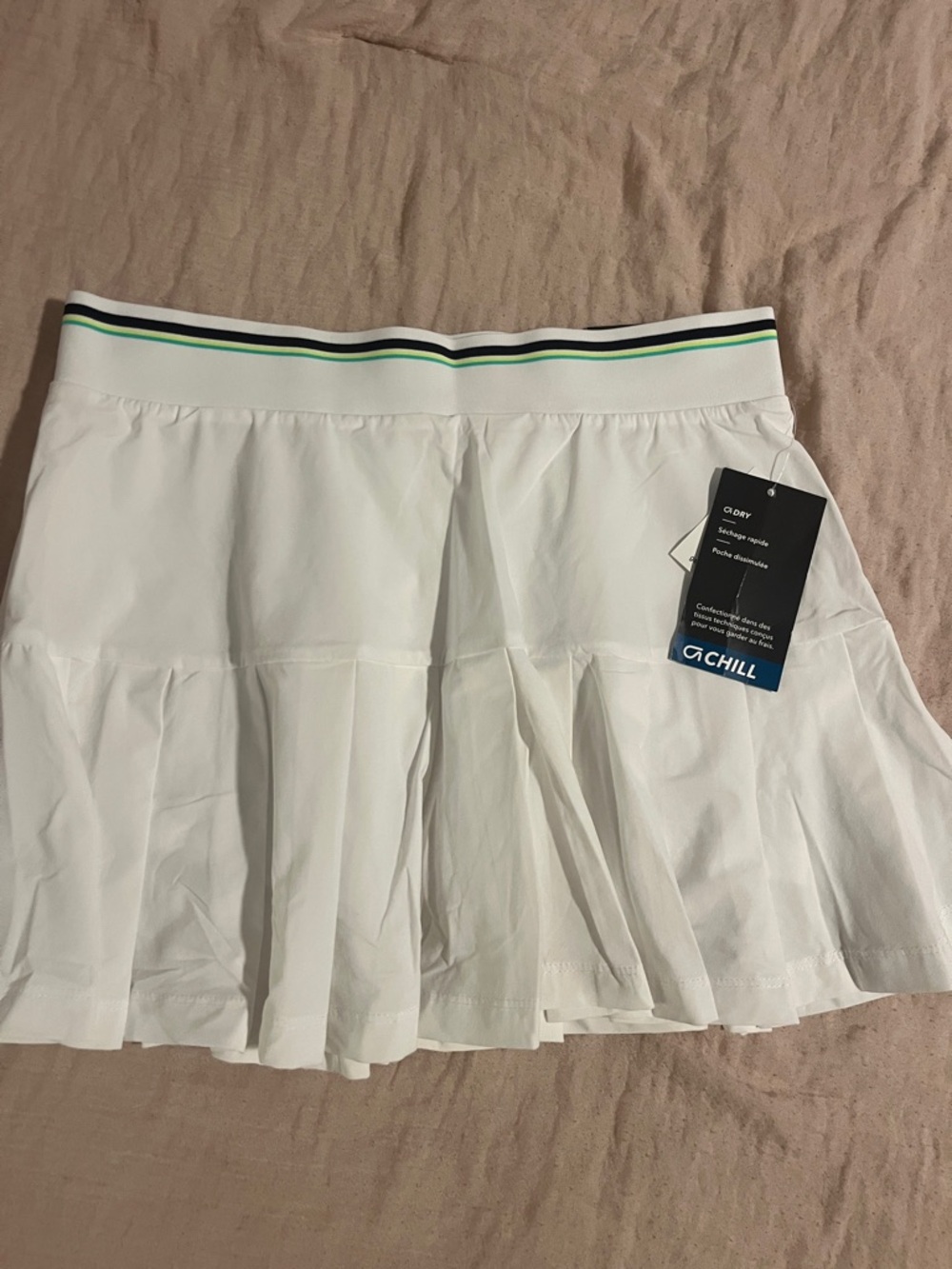 Yeezy White Pleated Mini Skirt with Black and Green Striped Waistband
